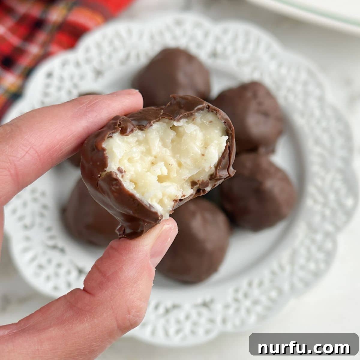 Coconut Chocolate Dream Bites 9 A hand gently holding a single chocolate coconut ball, highlighting its perfect shape and inviting texture.