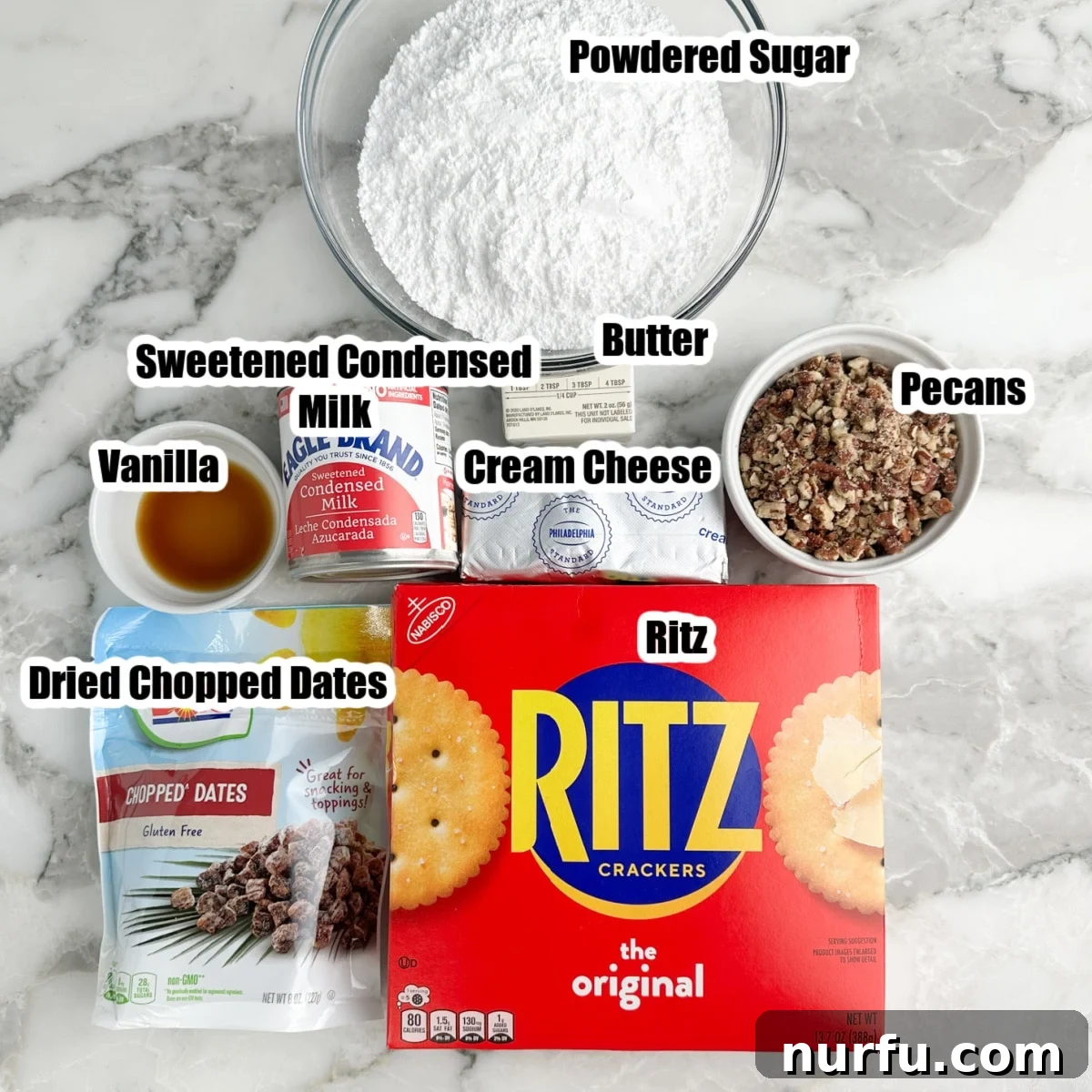 Sweet and Salty Ritz Cracker Delights 3 Bowl of powdered sugar, Ritz crackers, dried dates, chopped pecans, can of sweetened condensed milk, cream cheese block, and stick of butter, laid out for baking.