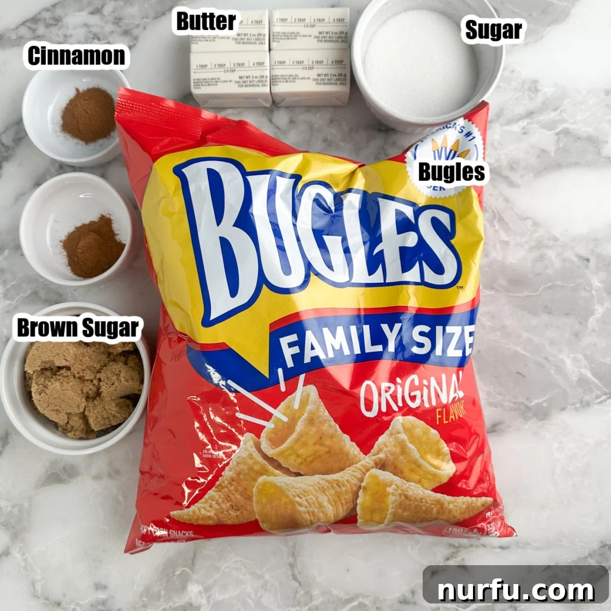 Bag of Bugles, butter, bowl of sugar, cinnamon, and brown sugar.