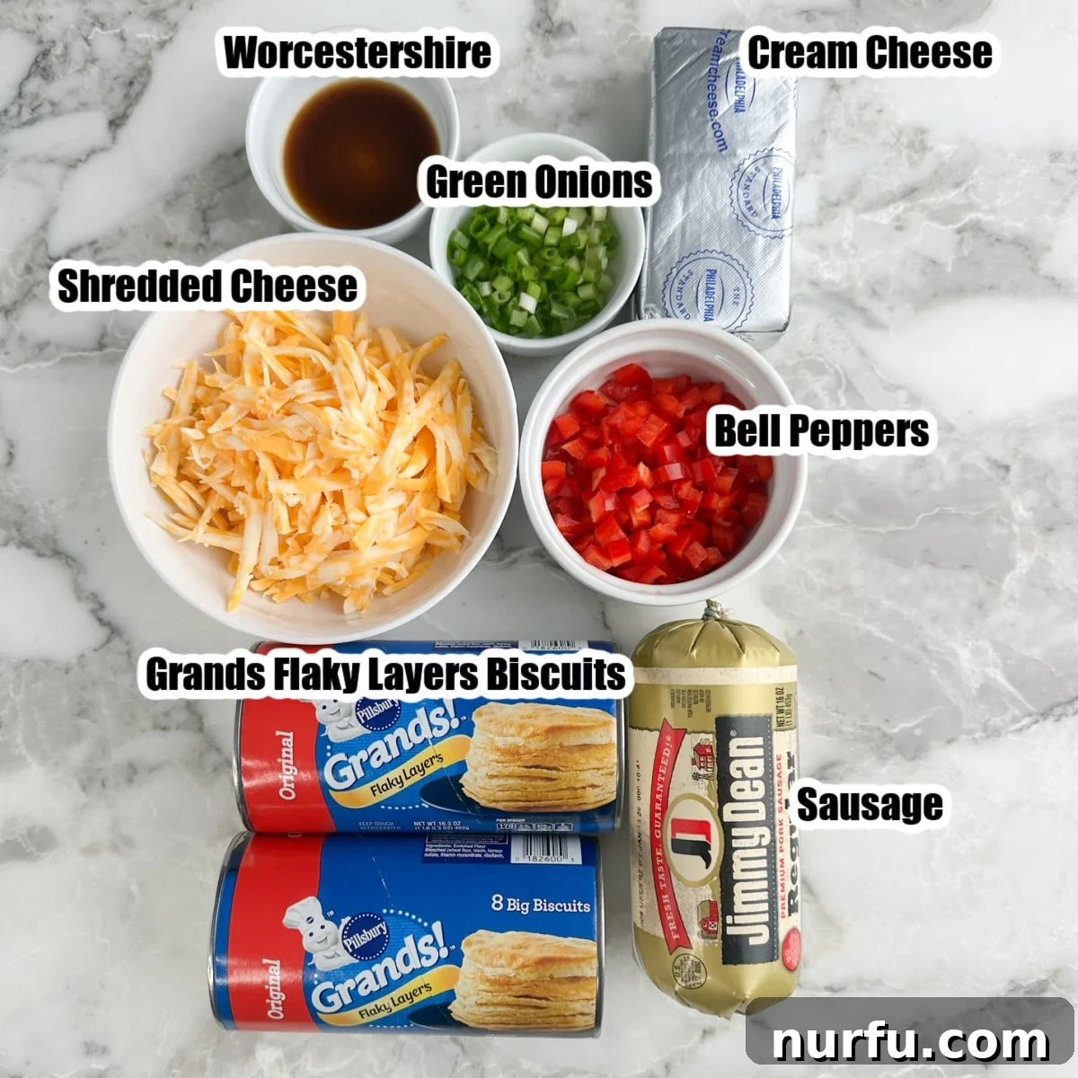Sausage Cream Cheese Poppers 3 Grands Biscuits, bowl of shredded cheese, peppers, onions, sausage, and cream cheese.