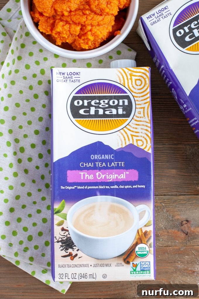 Oregon Chai Tea Concentrate for Trifle A box of Oregon Chai Tea Latte Concentrate, an essential ingredient for infusing rich chai flavor into the trifle.