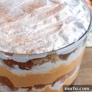 Trifle in a serving bowl, beautifully presented with whipped cream and cinnamon.