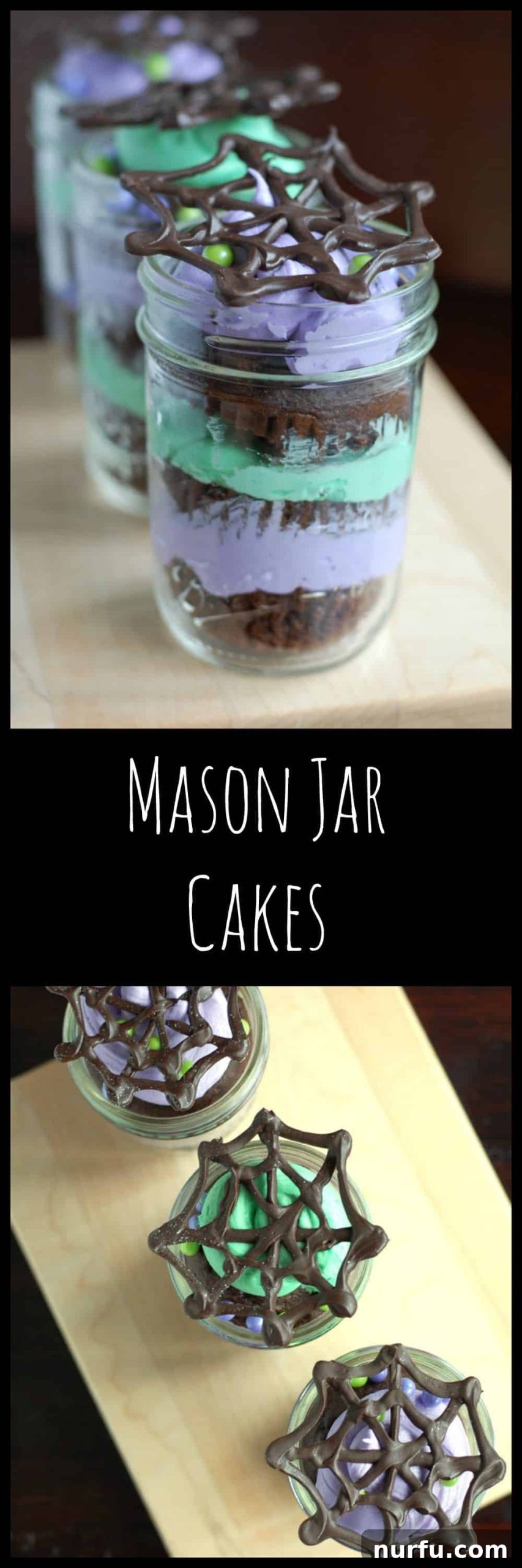 Collection of colorful Halloween Mason Jar Cakes with various spooky decorations
