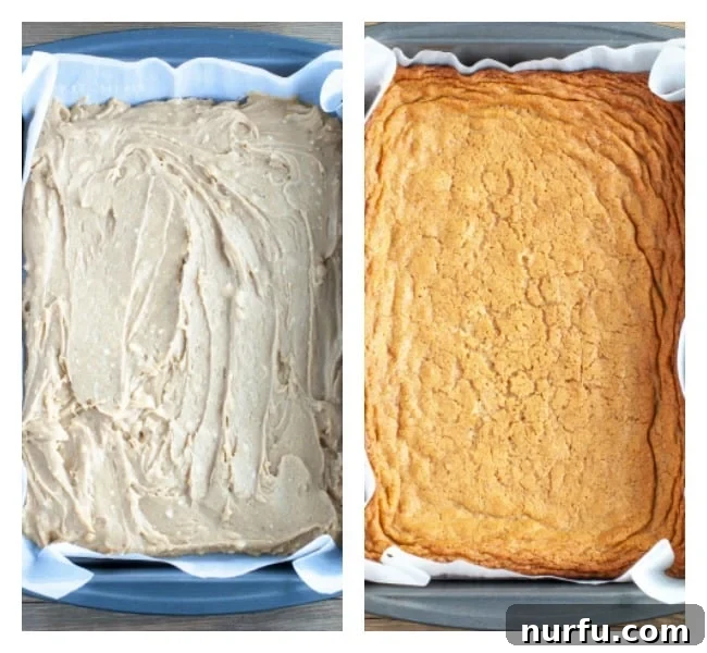 Chewy Butterscotch Brownies 2 Two images side by side: a pan with unbaked butterscotch brownie dough and a pan with golden-brown baked butterscotch brownies.