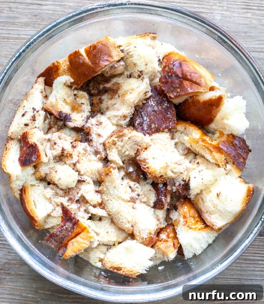 Prep stage: French Toast Casserole ingredients mixed Ingredients for French Toast Casserole in a bowl before cooking in Instant Pot