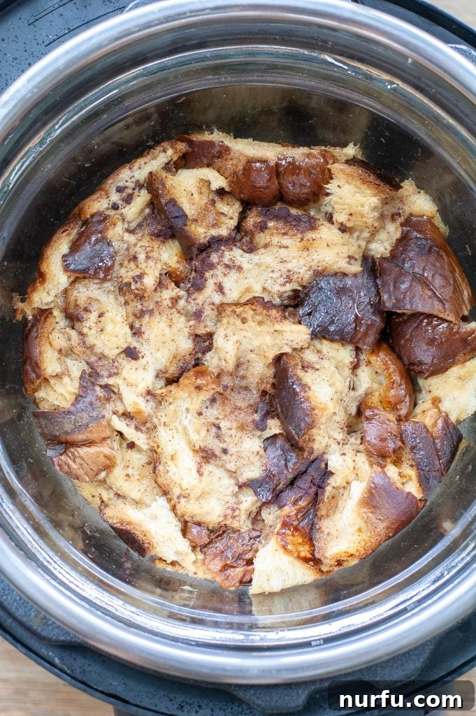Instant Pot French Toast Casserole cooking in progress Cooked Instant Pot French Toast Casserole in a dish inside the Instant Pot