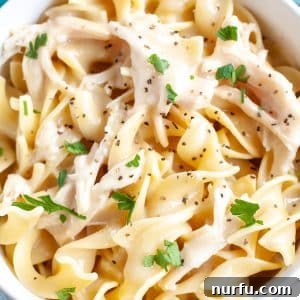 A bowl of creamy egg noodles, the perfect complement to crockpot chicken.