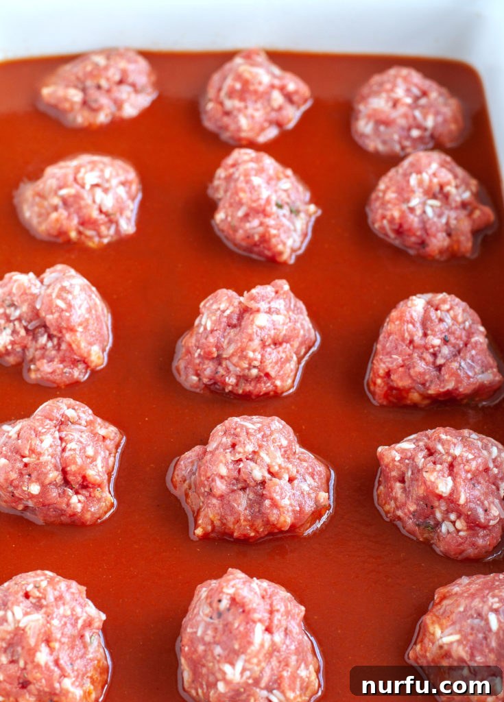 Porcupine Meatballs Before Baking Uncooked porcupine meatballs neatly arranged in a casserole dish, covered in tomato sauce, ready for the oven.