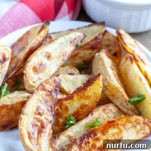 Cooked potato wedges on plate.