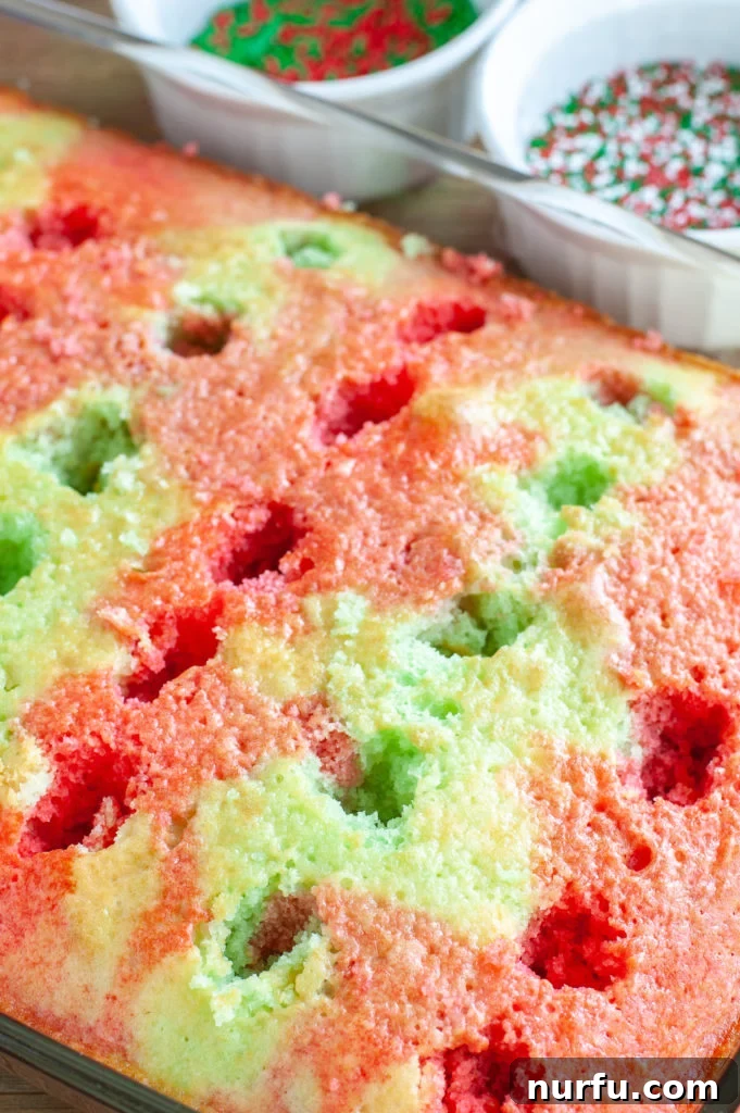 Pouring Jello into Cake Holiday Jello Cake in a baking dish with holes, showing red and green Jello being poured into alternating rows.