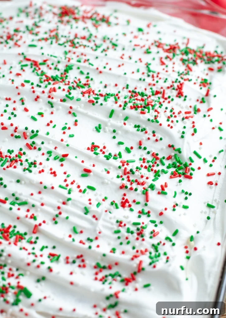 Decorated Holiday Jello Cake Festively decorated Holiday Jello Cake topped with whipped cream and colorful sprinkles, ready to serve.