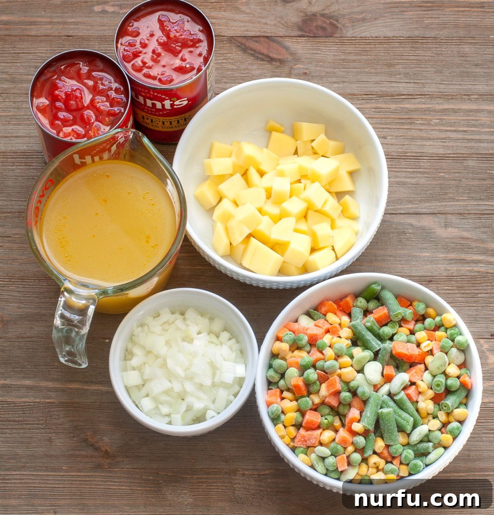 Fresh Ingredients for Instant Pot Vegetable Soup Assortment of fresh and frozen ingredients for Instant Pot vegetable soup