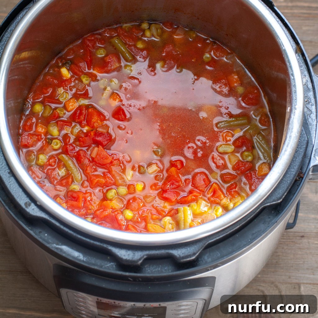Vegetable Soup Cooking in Instant Pot Instant Pot filled with freshly cooked vegetable soup