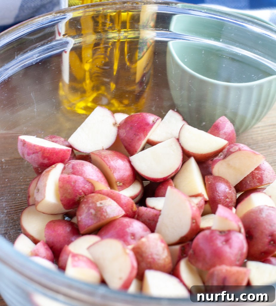 Red Potatoes, Olive Oil and Spices Fresh red potatoes, olive oil, and a selection of spices ready for preparation.
