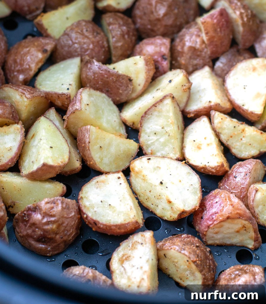 Roasted Red Potatoes in Air Fryer Crispy, golden-brown roasted red potatoes in an air fryer basket.