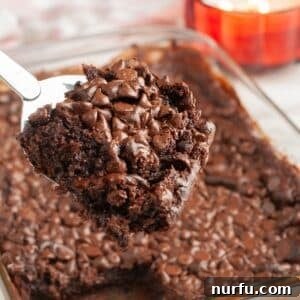Effortless Chocolate Delight 9 Piece of chocolate dump cake on a spatula, showcasing its fudgy texture.