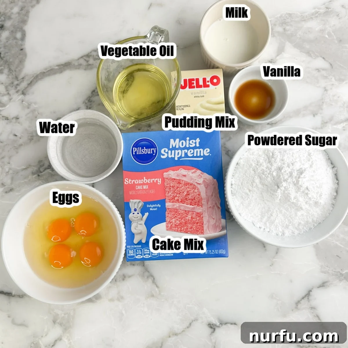 Strawberry Bloom Delights 3 Box of cake mix, pudding mix, bowl of powdered sugar, eggs, oil, milk, and vanilla.