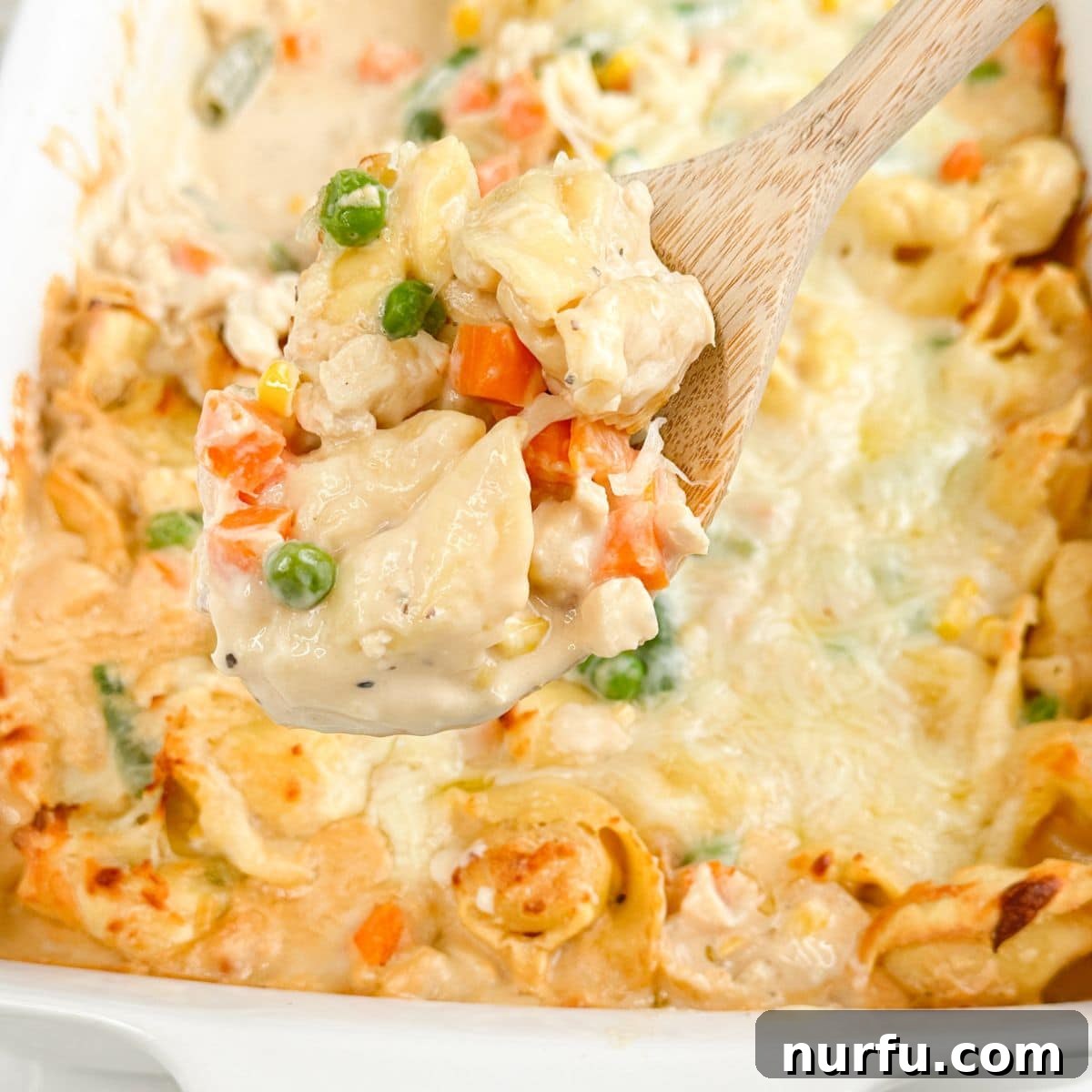Wooden spoon with chicken tortellini casserole. 