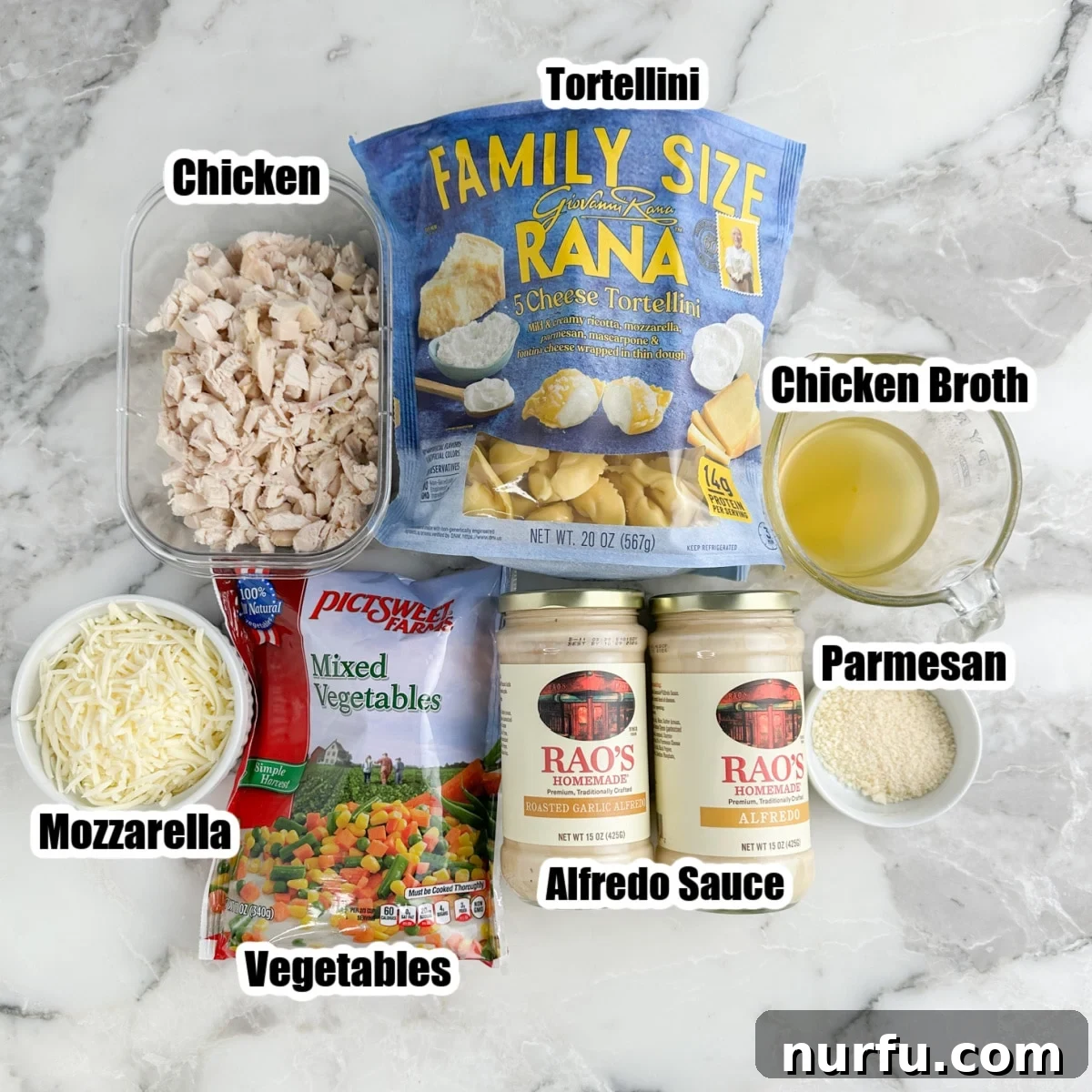 Bag of tortellini, shredded chicken, jarred alfredo sauce, shredded cheese, and frozen vegetables. 