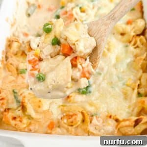 Wooden spoon with chicken tortellini casserole.