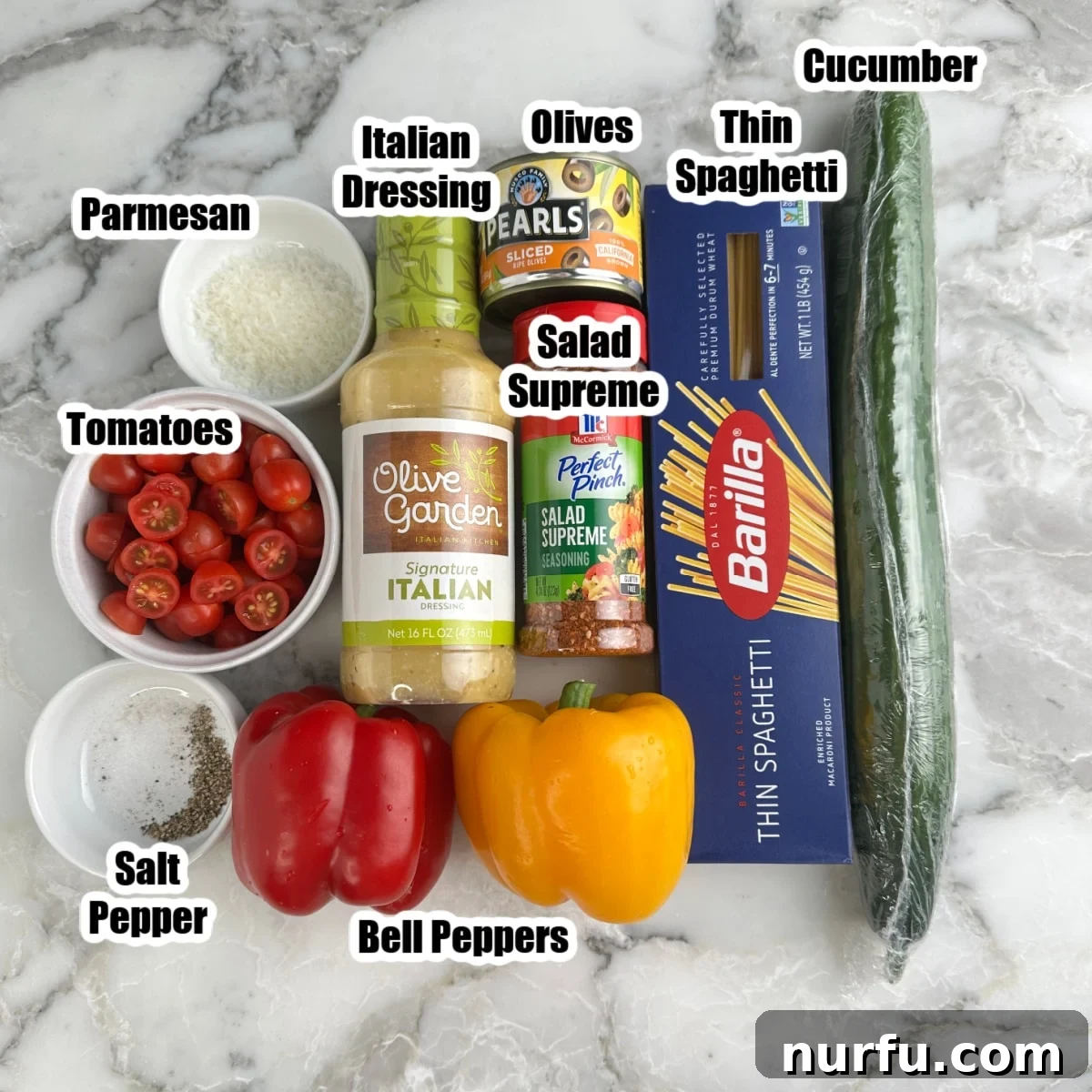 Zesty Spaghetti Salad 3 Cucumber, spaghetti, Italian dressing, Salad Supreme, peppers, tomatoes, parmesan.
