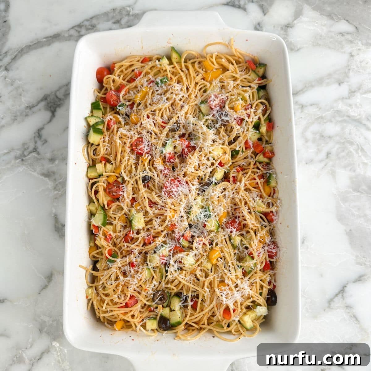 Zesty Spaghetti Salad 8 Casserole dish with spaghetti salad.