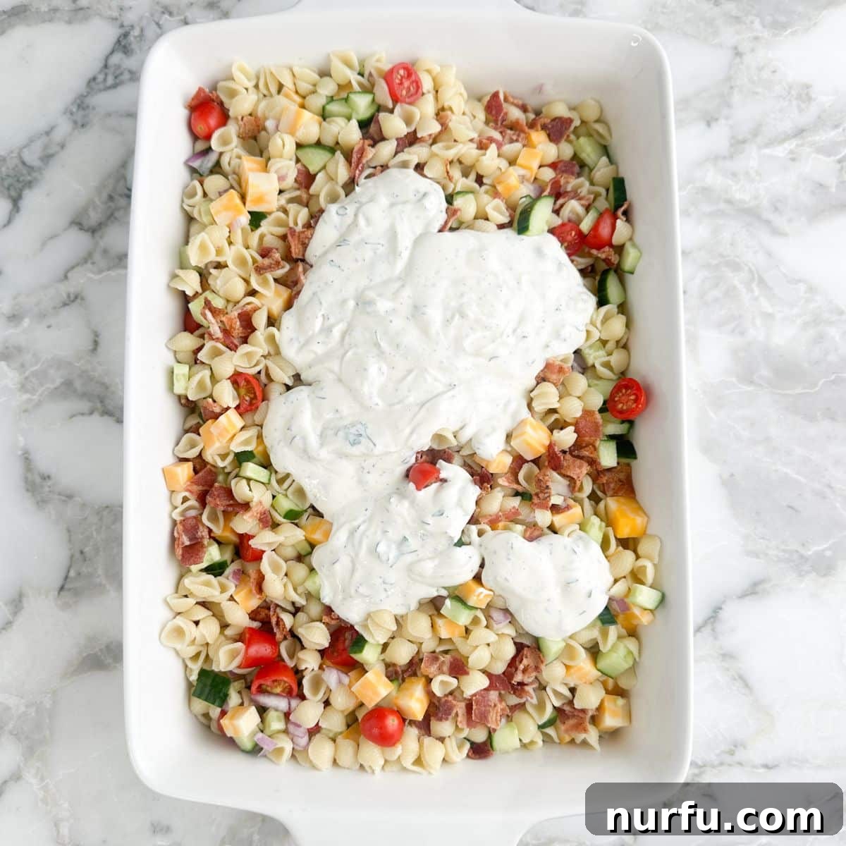 Creamy Ranch Pasta Salad Recipe with Bacon and Veggies 6 Pasta salad with ranch dressing.