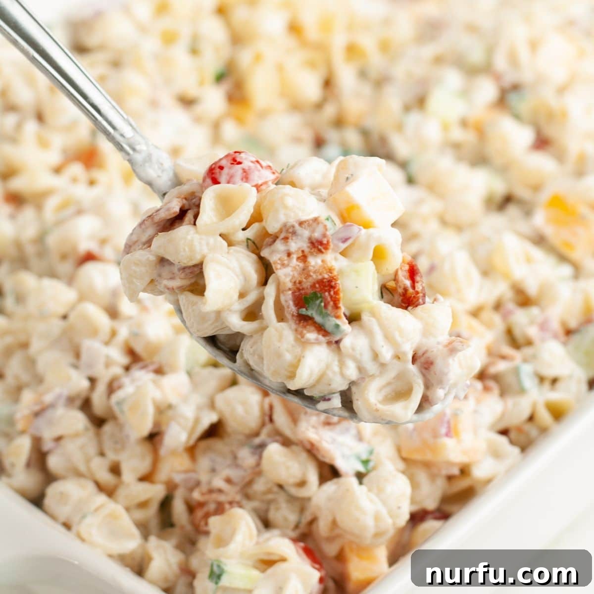 Creamy Ranch Pasta Salad Recipe with Bacon and Veggies 8 Spoon with ranch pasta salad.