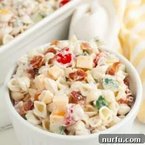 Creamy Ranch Pasta Salad Recipe with Bacon and Veggies 9 Bowl of bacon ranch pasta salad.