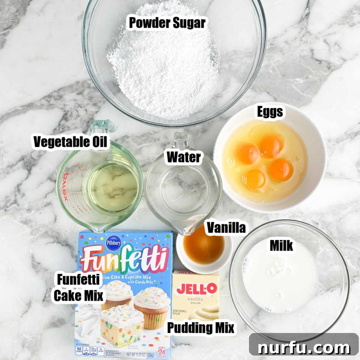 How to Make Sprinkle Blossoms: Cute Cake & Cookie Toppers 3 Bowl of powdered sugar, milk, eggs, oil, water, pudding mix, Funfetti cake mix.