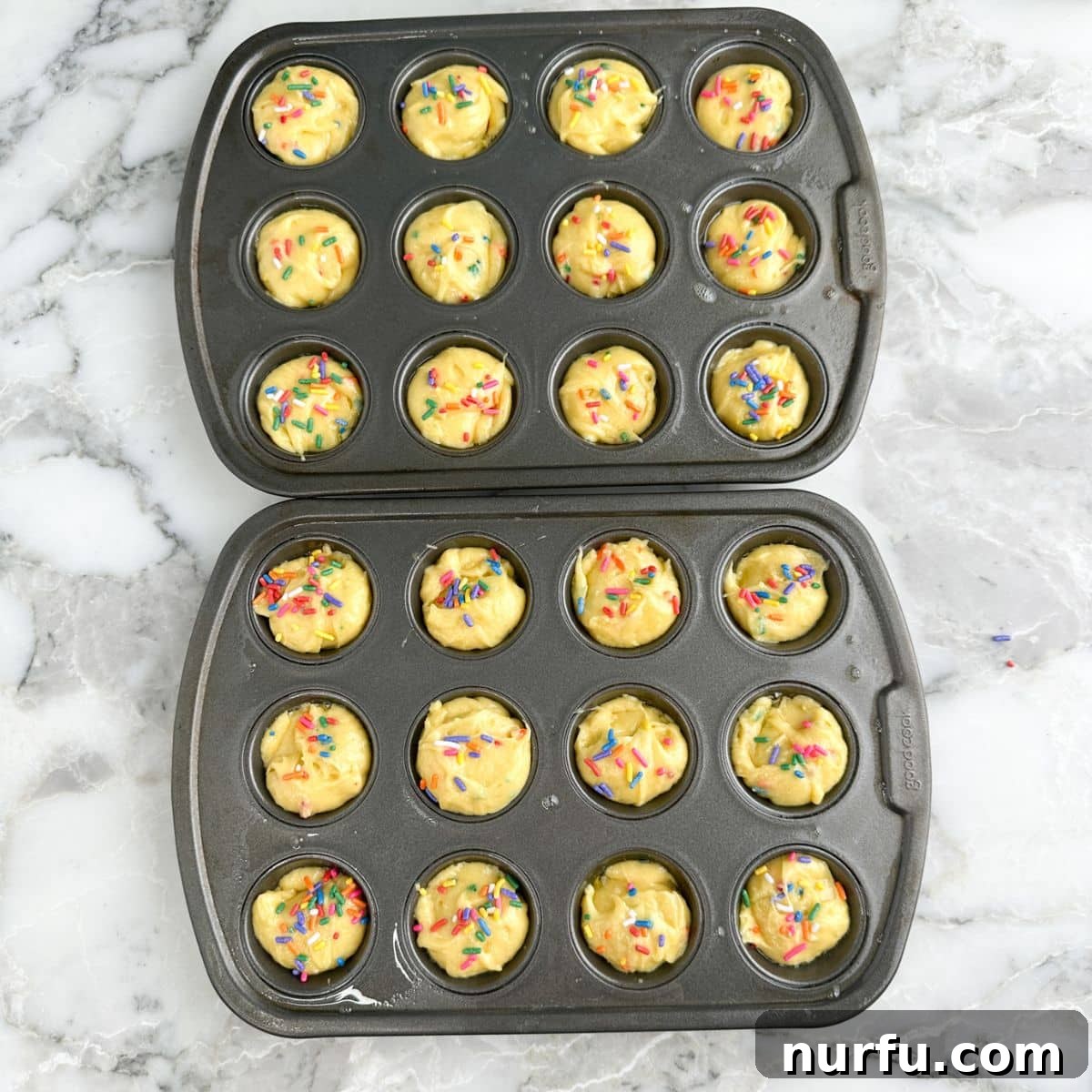 How to Make Sprinkle Blossoms: Cute Cake & Cookie Toppers 4 Mini muffin tins with cake batter.