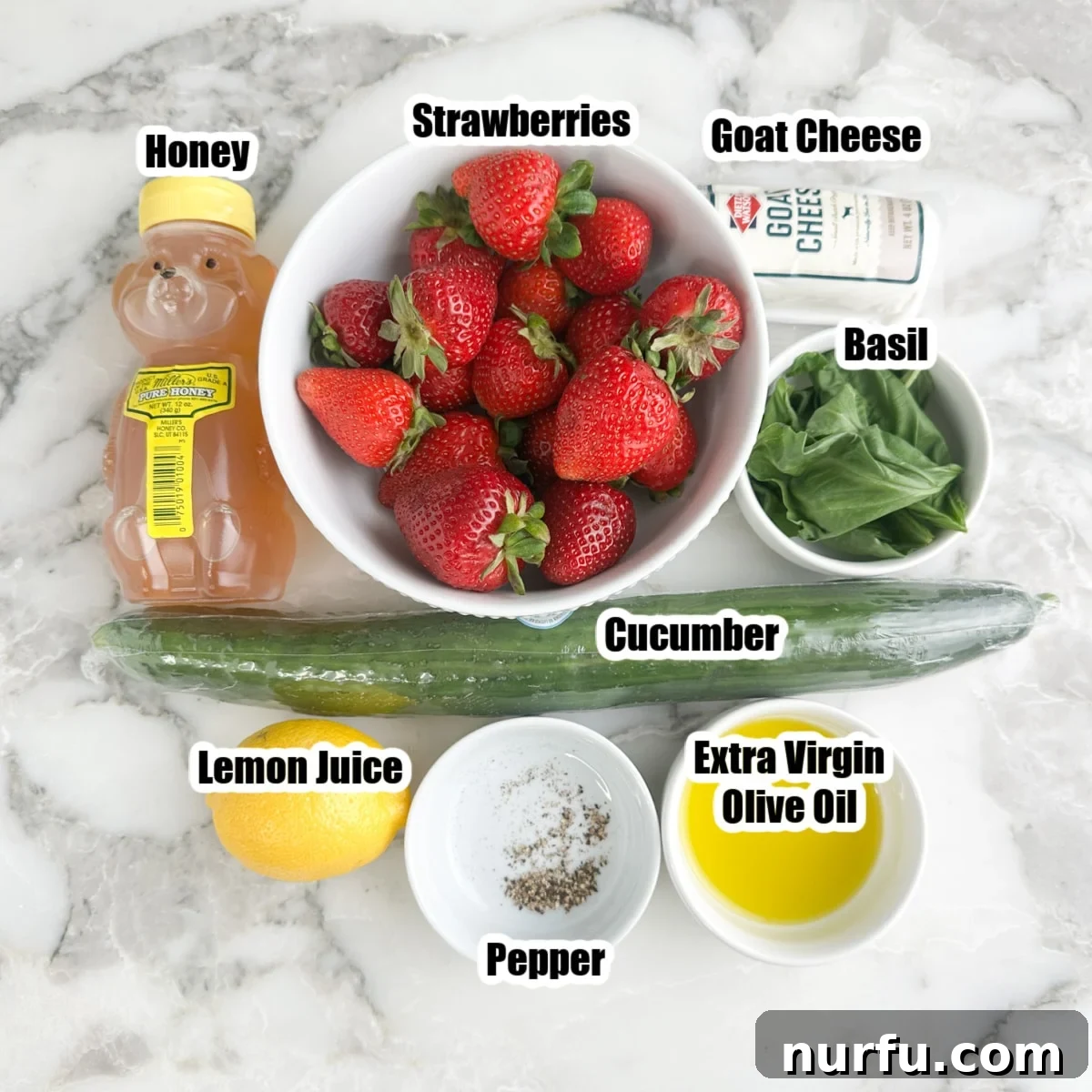 Strawberry Cucumber Salad with Mint and Balsamic Dressing 3 Goat cheese, strawberries, cucumber, basil, lemon, honey, oil, and pepper.