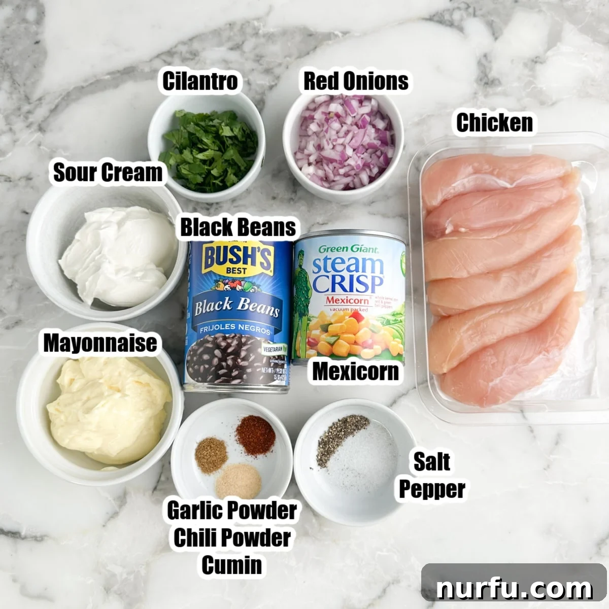 Southwest Grilled Chicken Salad with Avocado & Lime Dressing 3 Chicken tenders, black beans, Mexicorn, sour cream, mayonnaise, red onions, cilantro, bowl of seasonings.