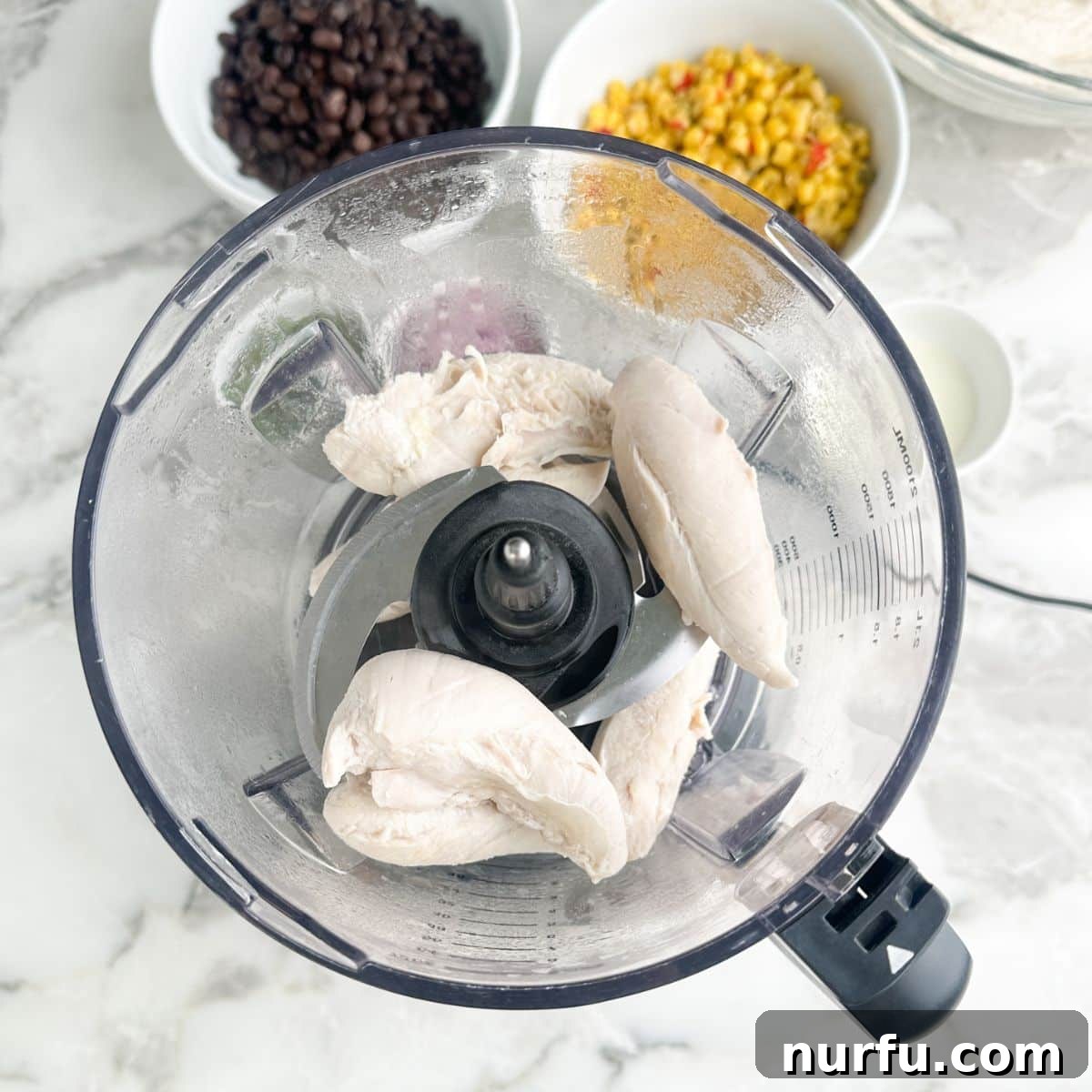 Southwest Grilled Chicken Salad with Avocado & Lime Dressing 4 Cooked chicken tenders in a food processor.