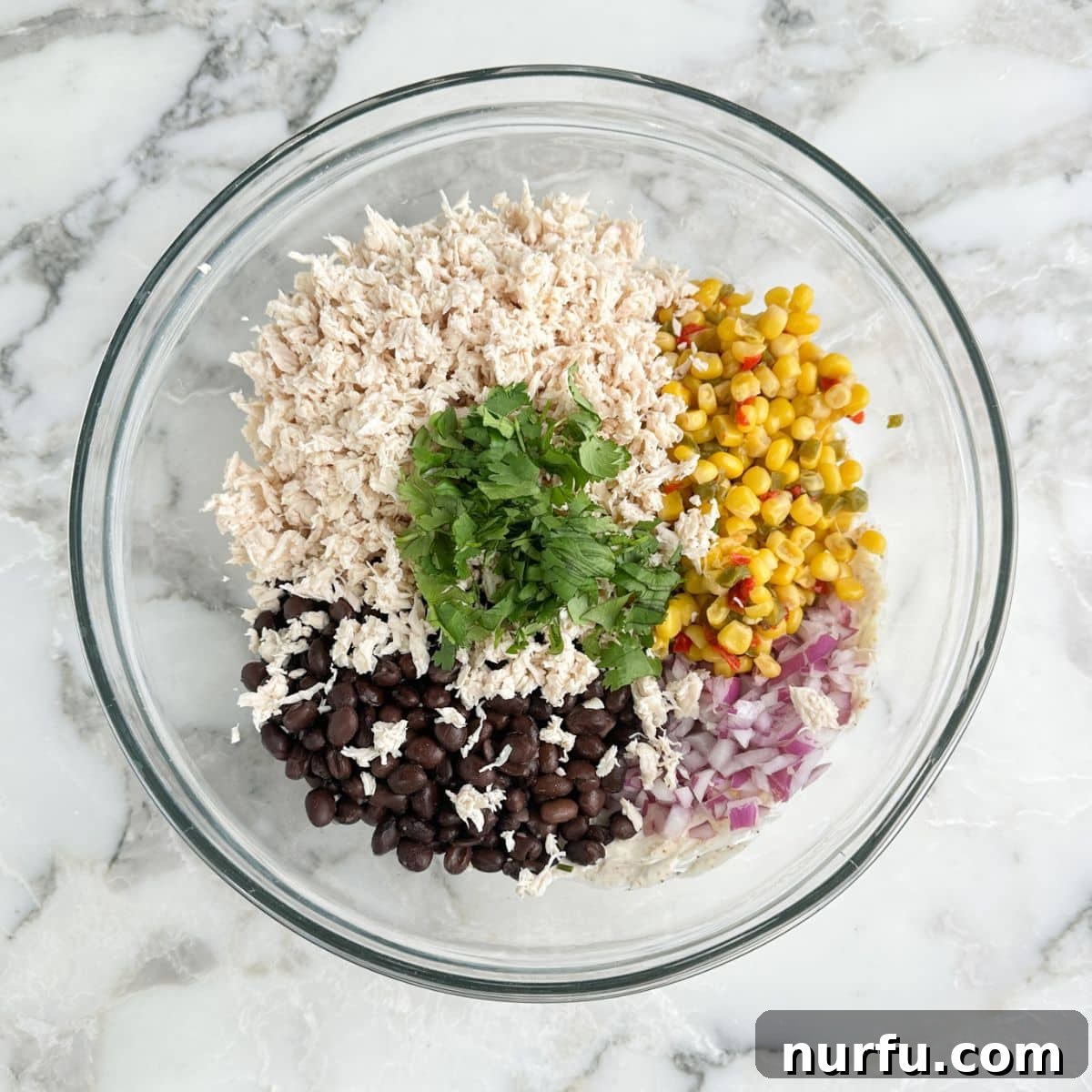Southwest Grilled Chicken Salad with Avocado & Lime Dressing 6 Bowl of chicken, black beans, corn, red onions, and cilantro.