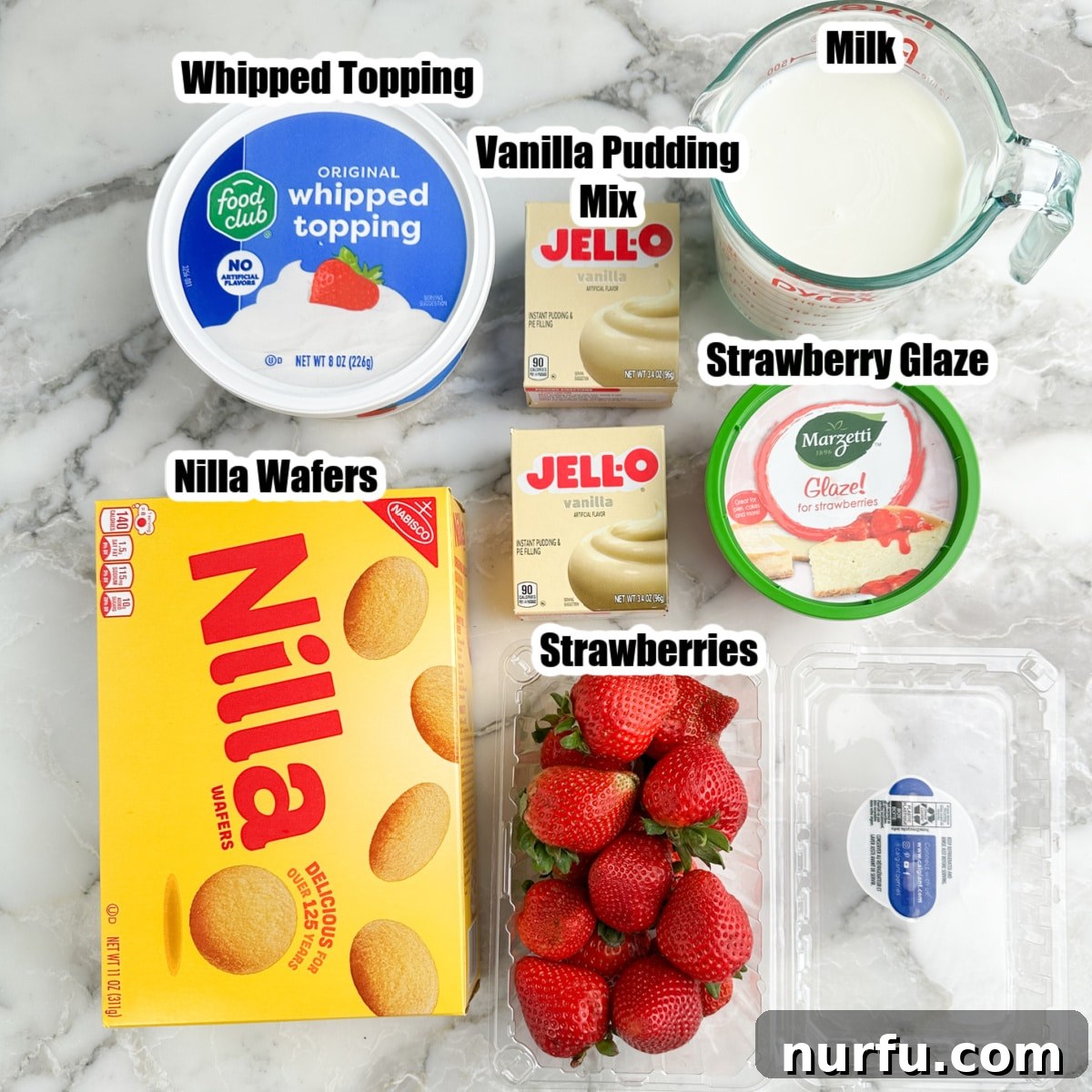 Strawberry Pudding Dessert Recipe: Creamy Berry Delight 3 Whipped topping, pudding mix, milk, Nilla wafers, strawberry glaze, and strawberries.