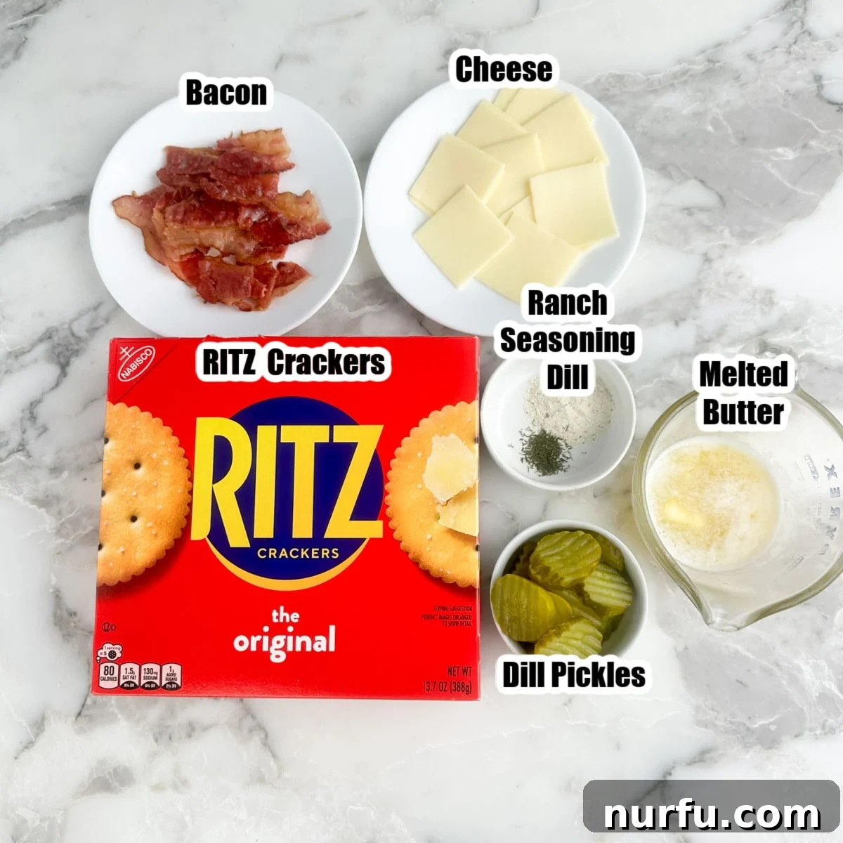 Ritz Crackers with Bacon and Pickle Spread: Crispy Party Snack 3 Box of Ritz crackers, plate of bacon, sliced cheese, pickles, seasonings, and melted butter.