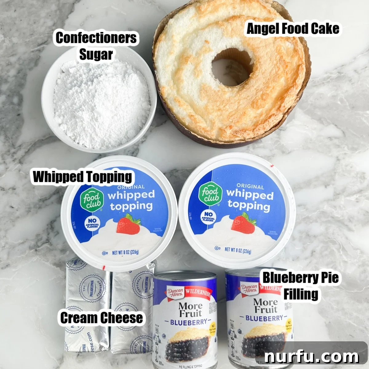Growing Blueberries in Snowy Climates: Winter Care Tips 3 Angel food cake, confectioners sugar, whipped topping, cream cheese, and blueberry pie filling.