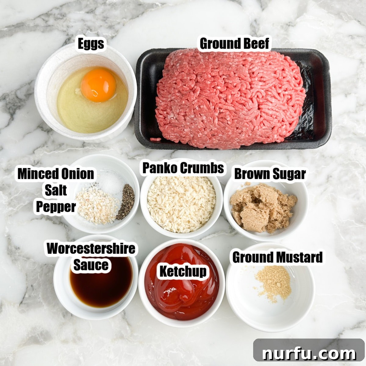 Mini Meatloaf Muffins Recipe with Cheesy Center 3 Ground beef, egg, seasonings, ketchup, brown sugar, Worcestershire, and Panko crumbs.