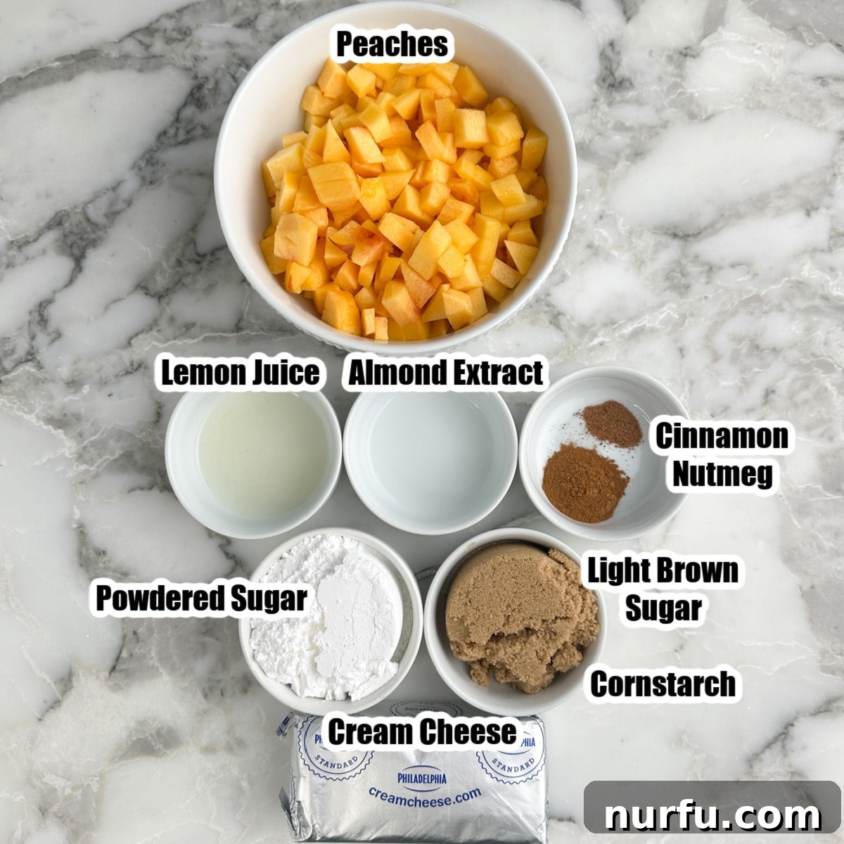 Bowl of diced peaches and ingredients.