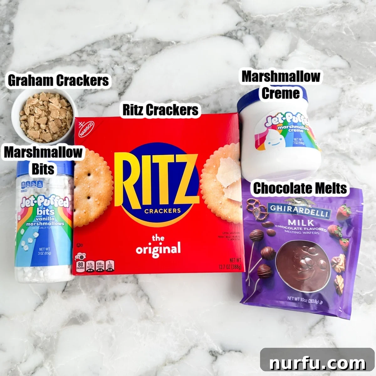 Box of Ritz crackers, marshmallow creme, chocolate melts, crushed graham crackers, and marshmallow bits. 