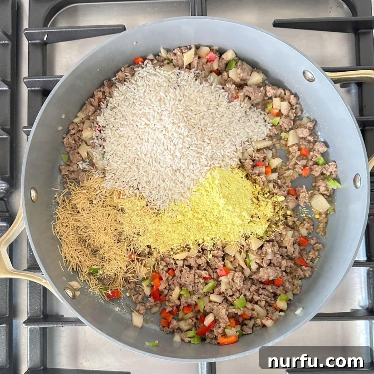 One-Pan Sausage and Rice Casserole 5 Skillet with ground sausage, rice, and lipton soup.