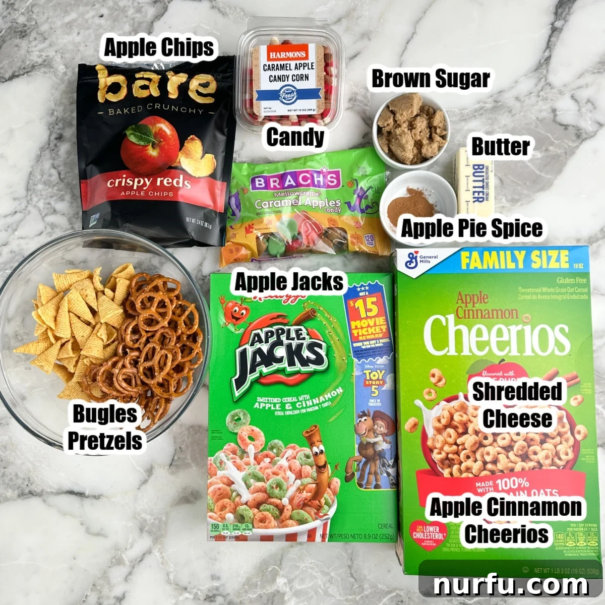 Crispy Apple Pie Snack Mix with Cinnamon & Caramel 3 Box of Cheerios, Apple Jacks, Bugles, Pretzels, brown sugar, apple chips, butter, and apple pie spice.