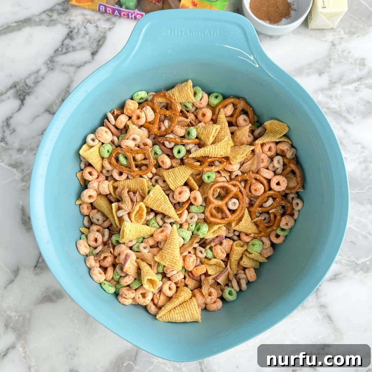 Crispy Apple Pie Snack Mix with Cinnamon & Caramel 4 Bowl of cereal and chips.