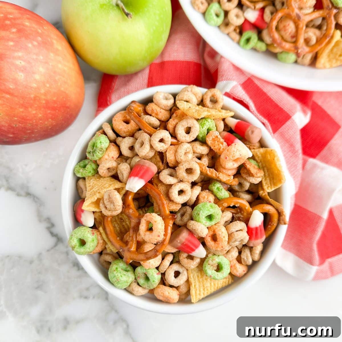 Crispy Apple Pie Snack Mix with Cinnamon & Caramel 6 Bowl of apple pie snack mix.