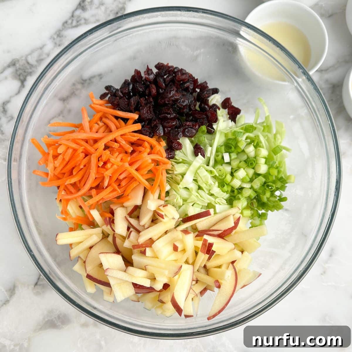 Crisp Apple and Cranberry Slaw with Maple Dijon Dressing 4 Bowl of cabbage, shredded carrots, cranberries, green onions, and sliced apple.