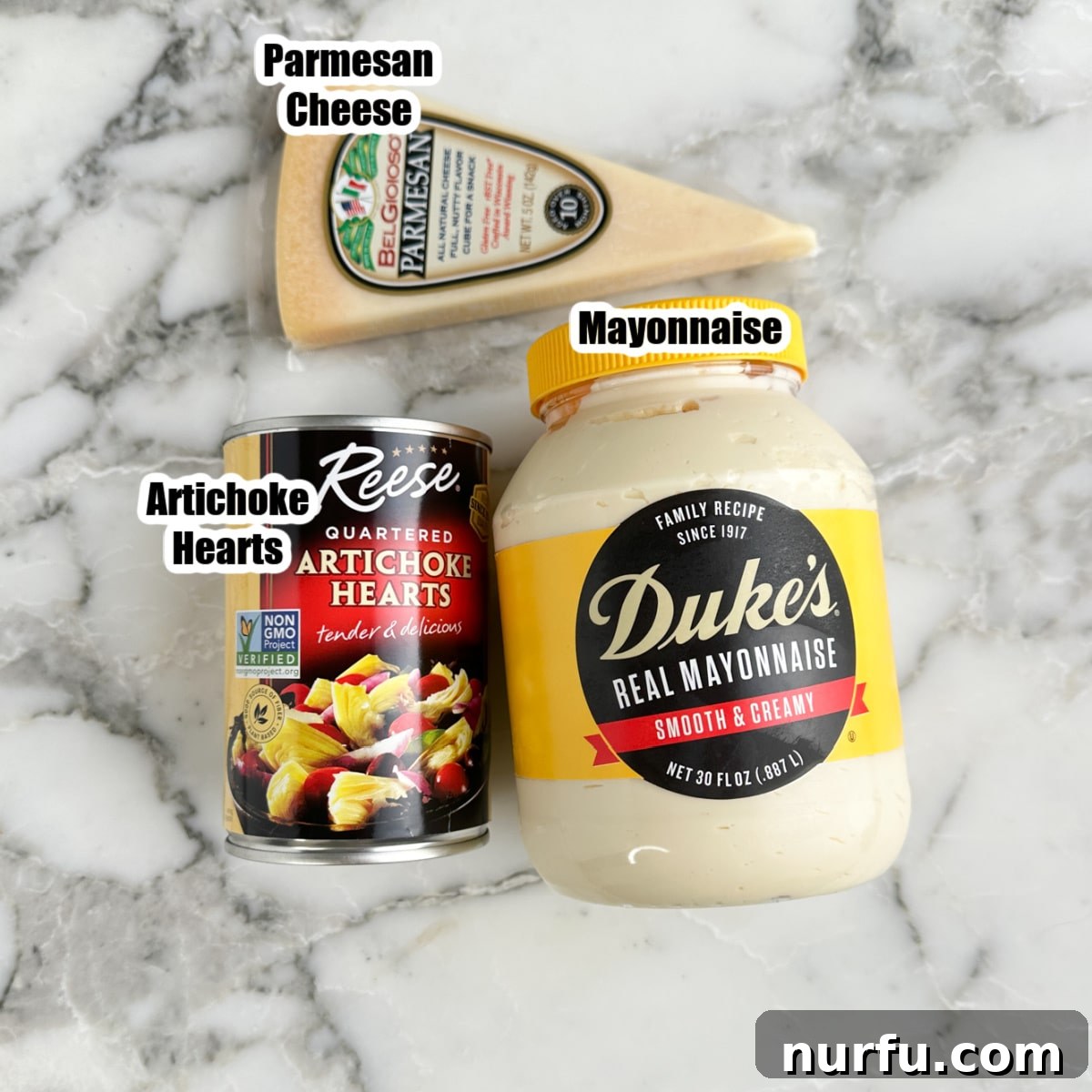 Mayonnaise, can of artichoke hearts, and parmesan cheese. 