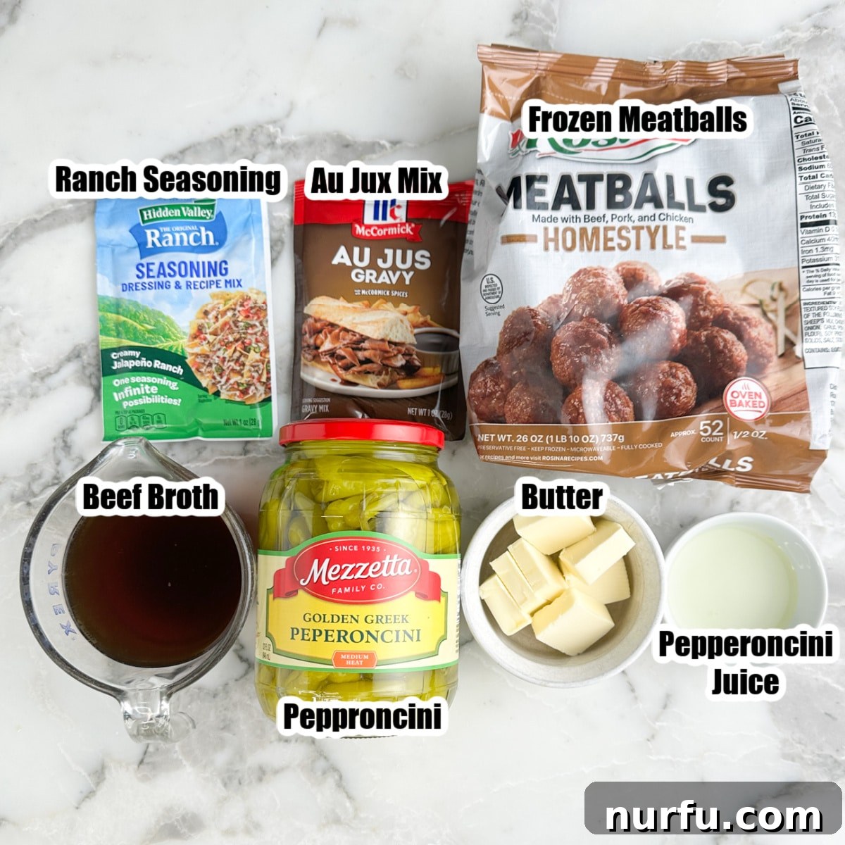 Classic Mississippi Meatballs with Tangy Pepperoncini Sauce 3 Frozen meatballs, broth, au jus mix, ranch seasonings, butter, pepperoncinis, and pepperoncini juice.
