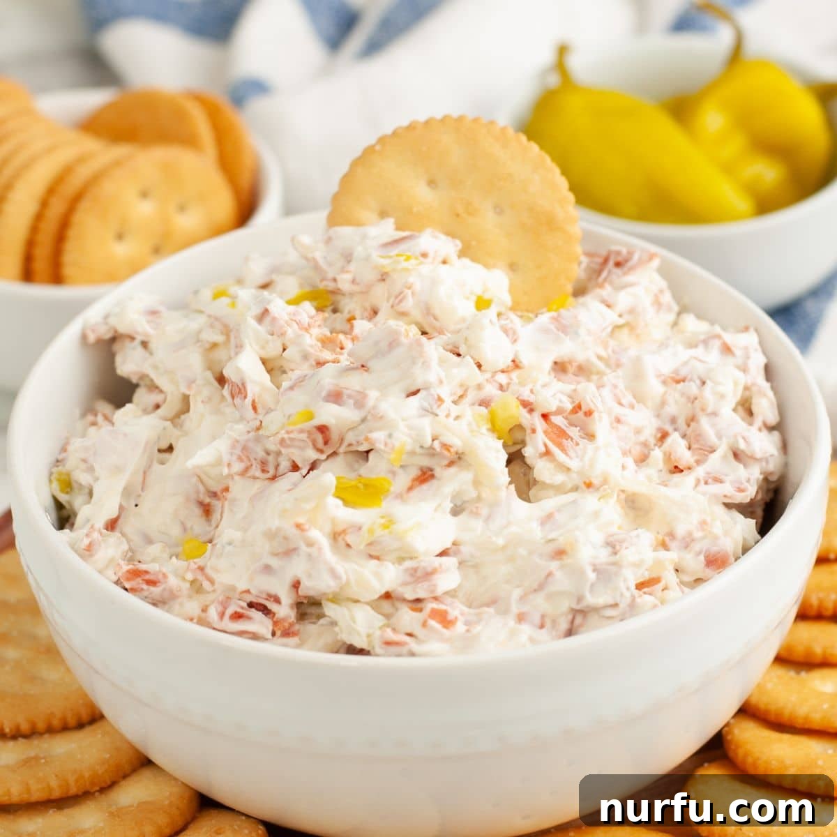 Bowl of pepperoni dip with Ritz crackers.