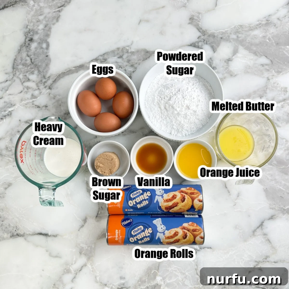Orange rolls, cream, powdered sugar, eggs, orange juice, brown sugar, butter, and vanilla. 